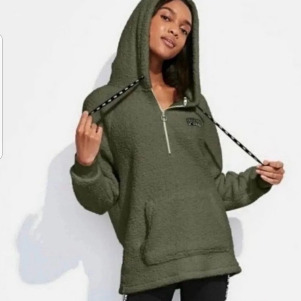 VS PINK Olive Green Sherpa Half-Zip Hoodie